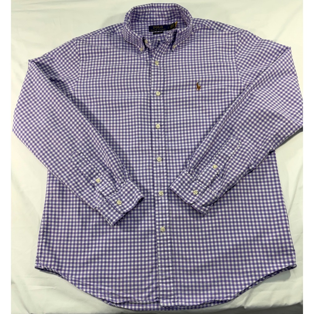 Polo Ralph Lauren Mens Gingham Check Button Down Shirt Purple White Classic L